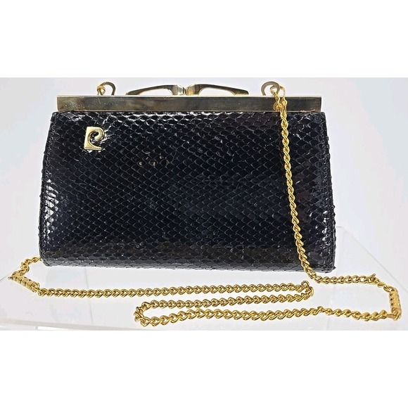 Vtg Pierre Cardin Coin‎ Purse Clasp Money Pouch Wallet Snakeskin Black - 1970s